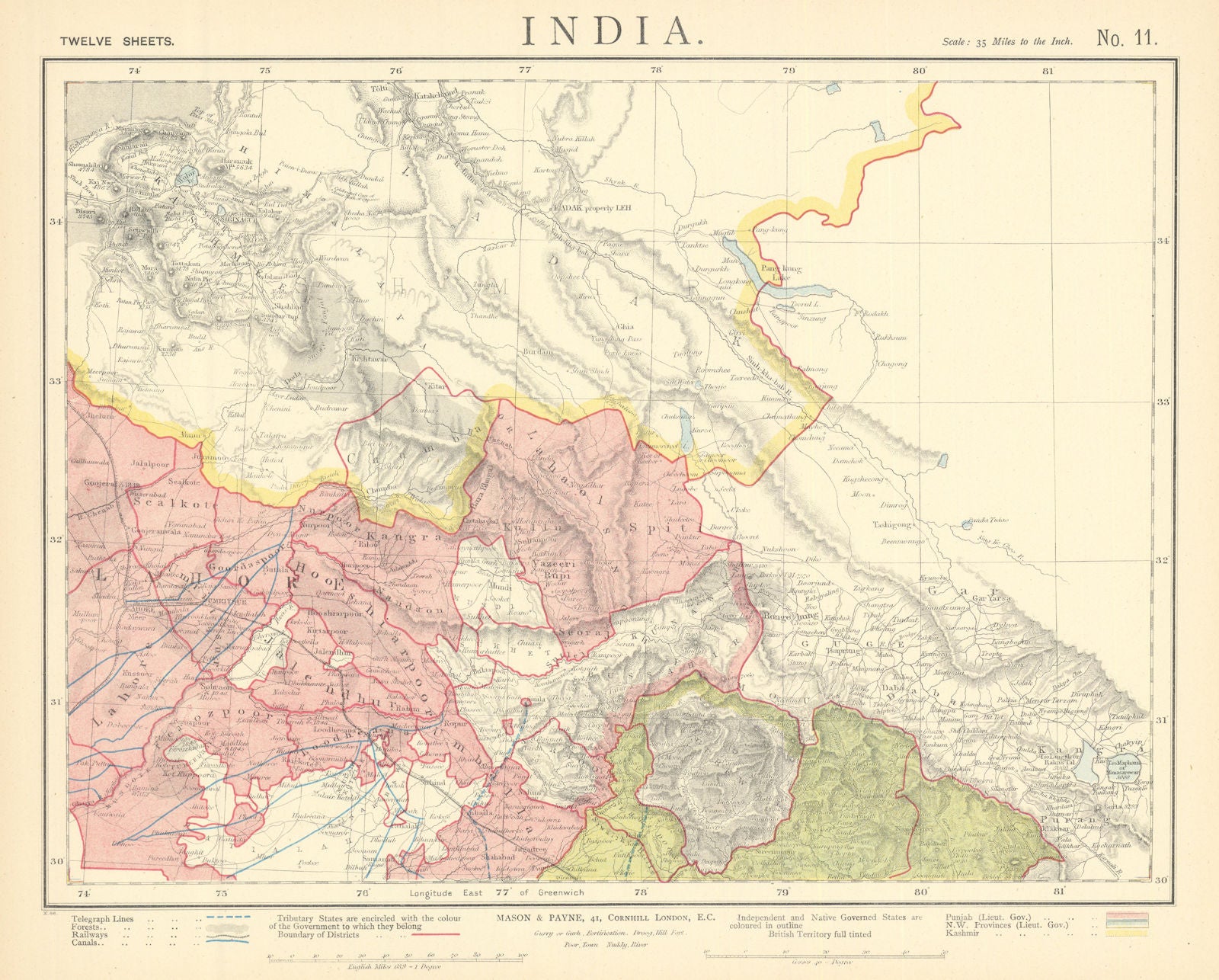 JAMMU & KASHMIR. Ladakh Leh Amritsar Lahore Himalayas. Railways. LETTS 1892 map